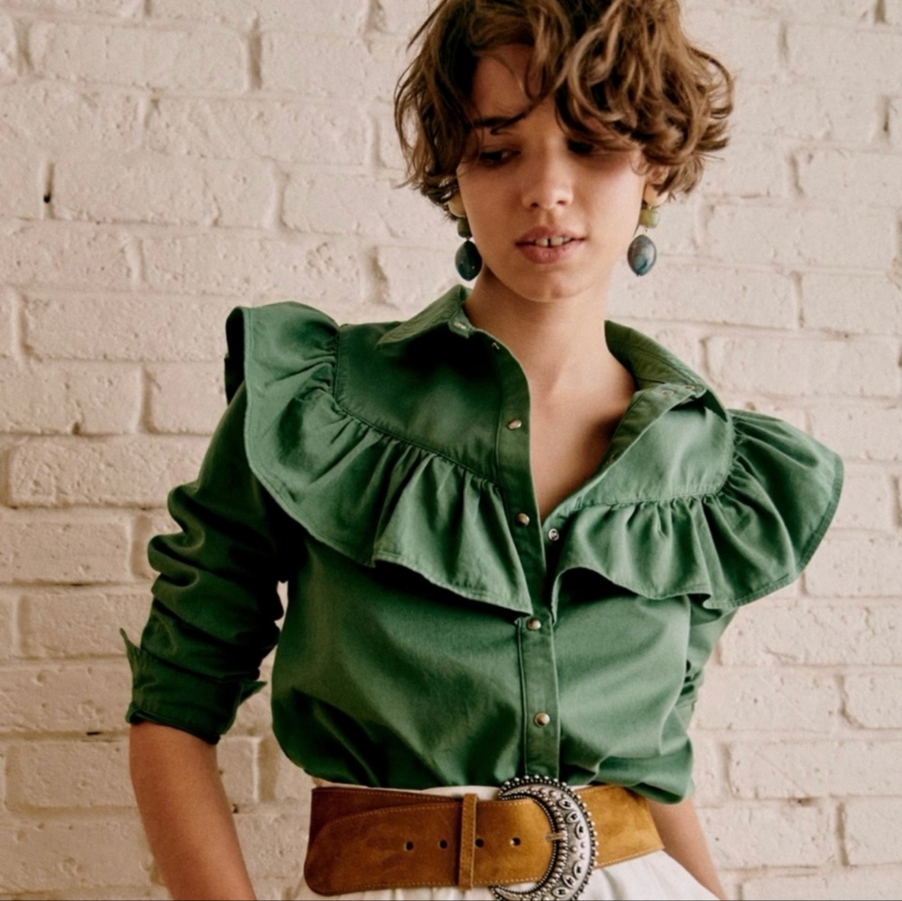 Sezane Matty Ruffle Shirt Green size 38 (6)